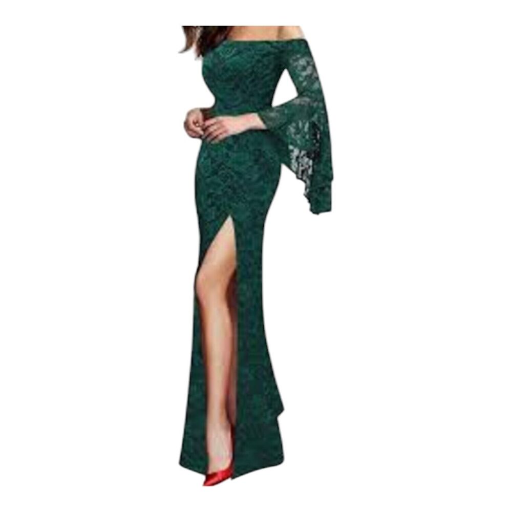 VFSHOW Sexy Green Lace‎ Bell Sleeve High Slit Fairycore Castlecore Maxi Dress S